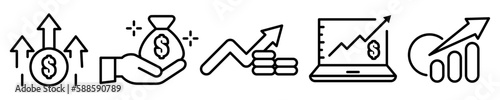 Conjunto de iconos de ganancias económicas. Concepto de negocio. Bolsa de dinero, crecimiento de ventas, desarrollo empresarial, estadísticas de datos. Ilustración vectorial