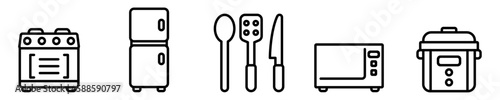 Conjunto de iconos de cocina. Electrodomésticos,  refrigeradora, microonda, olla arrocera, cubiertos. Ilustración vectorial