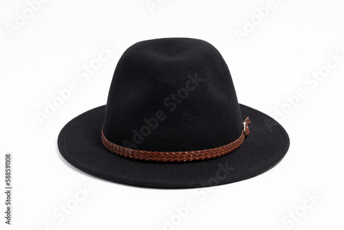 Stilish black hat with strap for women, isolated white background.