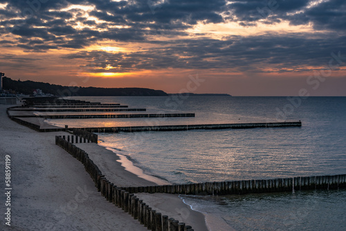 Beach of Baltic sea in Svetlogorsk at sunset. Kaliningrad region. Russia