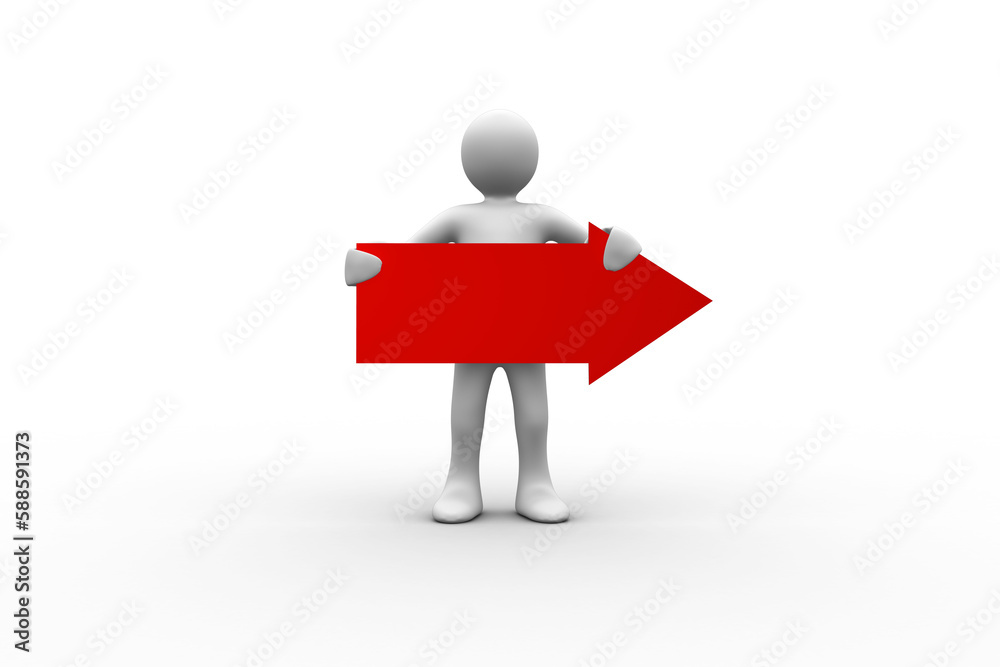 Human representation holding red arrow sign Human representation holding red arrow sign