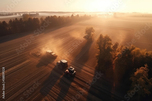 Tractors in the field at dawn cultivate the soil. AI generation