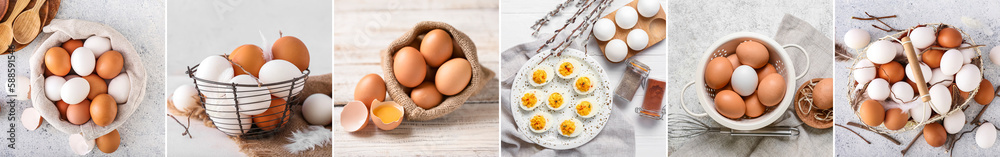 Collage of raw and boiled chicken eggs on light background Collage of raw and boiled chicken eggs on light background