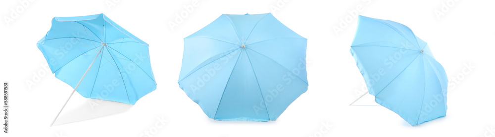 Collage of blue beach umbrella on white background Collage of blue beach umbrella on white background