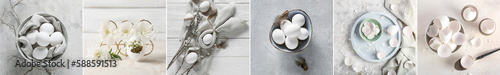 Collage of white chicken eggs on light background