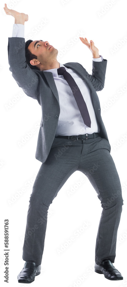 Obraz premium Unsmiling businessman with arms raised