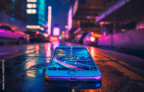 Cell phone reflecting the city lights, technology and lifestyle concept, image created with AI © Gabriela