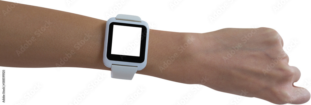 Cropped image of woman hand wearing smart watch
