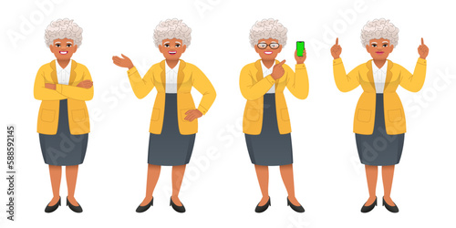 An elderly black woman stands with her arms crossed, pointing at something, with a smartphone in her hand. An old African woman with gray hair stands in different poses. Grandmother