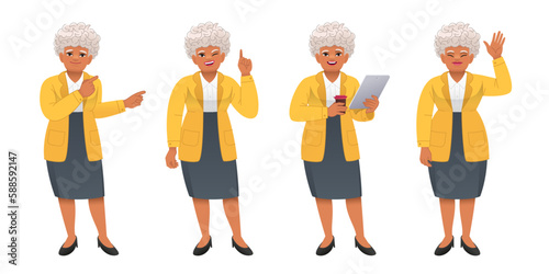 An old African woman stands with a tablet and a glass of coffee in her hands, waves her hand, points to something. Grandmother in full growth character set. An elderly black woman with gray hair