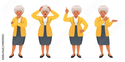 Fototapeta Naklejka Na Ścianę i Meble -  An elderly black woman stands in a panic, clutching her head with her hands, thinks about something, points to something. Grandmother in full growth character set. An old African woman with gray hair
