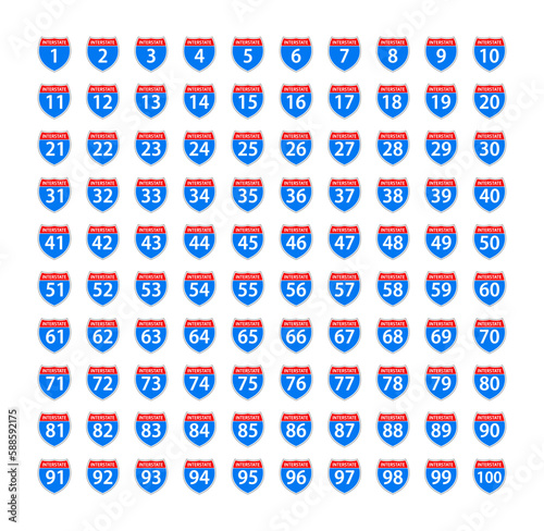Set Blank American Interstate Highway sign. United States Highway shield