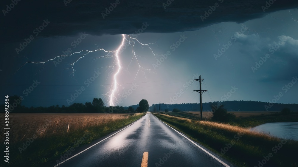 lightning and thunderstorm on the road - AI Generated