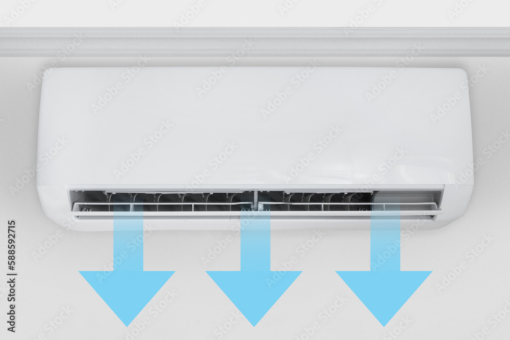 Wall-mounted split air conditioner in a room with cool air flow shown by arrows. Wall-mounted split air conditioner in a room with cool air flow shown by arrows.
