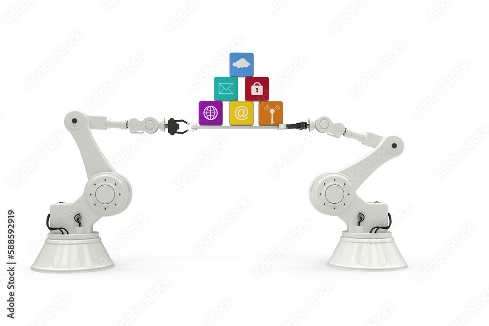 Digitally composite image of robotic hands holding computer icons