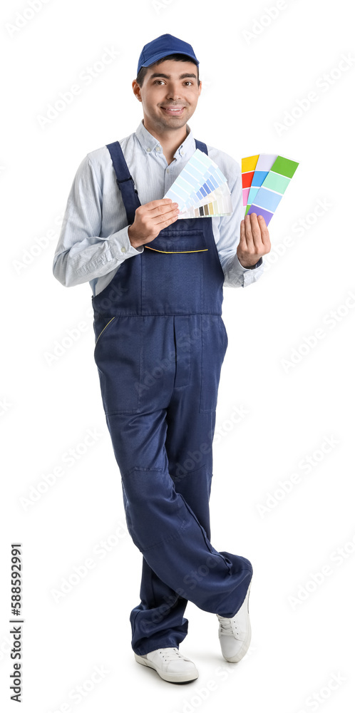Male painter with color palettes on white background Male painter with color palettes on white background