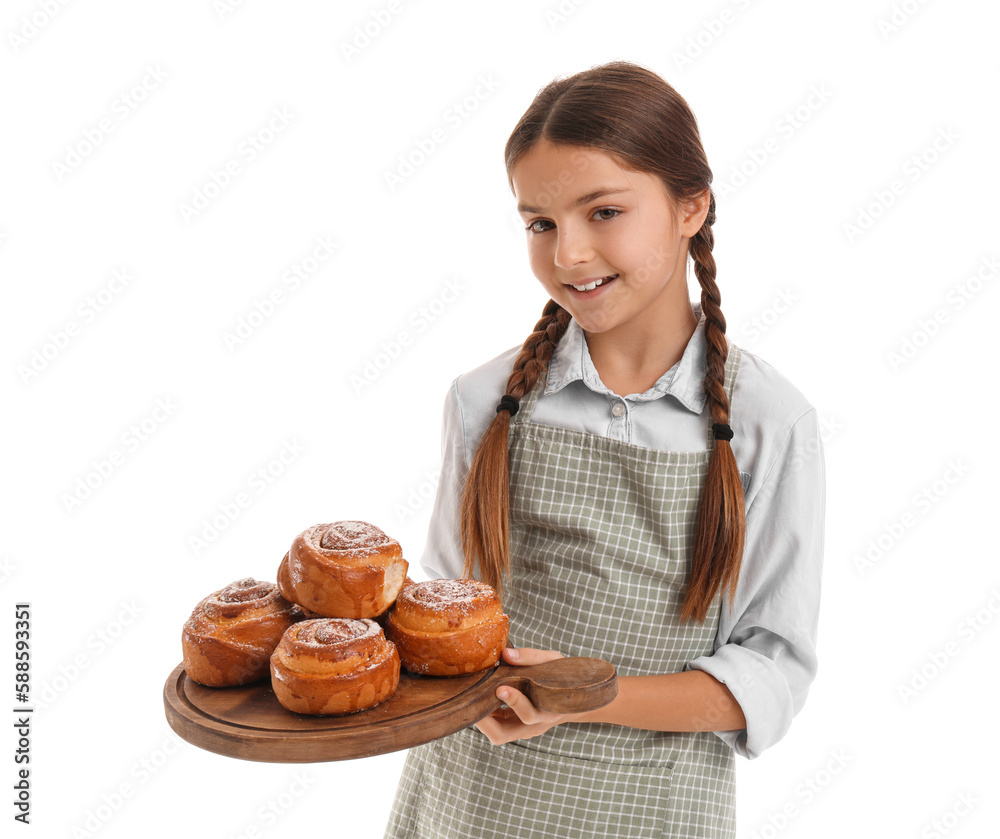 Little baker with board of tasty buns on white background Little baker with board of tasty buns on white background