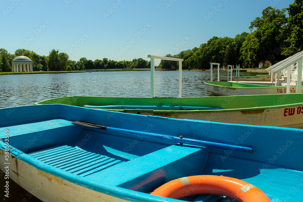 Boats on the pond on the territoryy of the ancient noble mansion of princes Baryatinsky. Estate Maryino, Kursk region, Russia