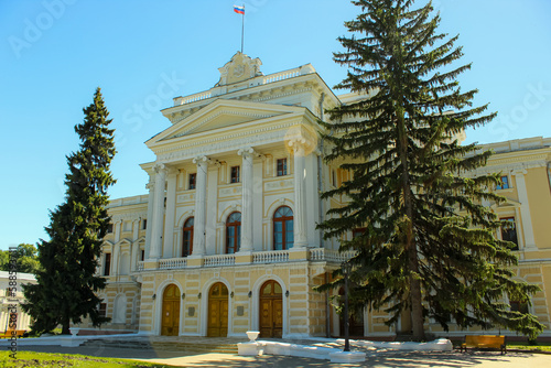 Central part of an ancient noble mansion in winter night. Estate Maryino, Kursk region photo