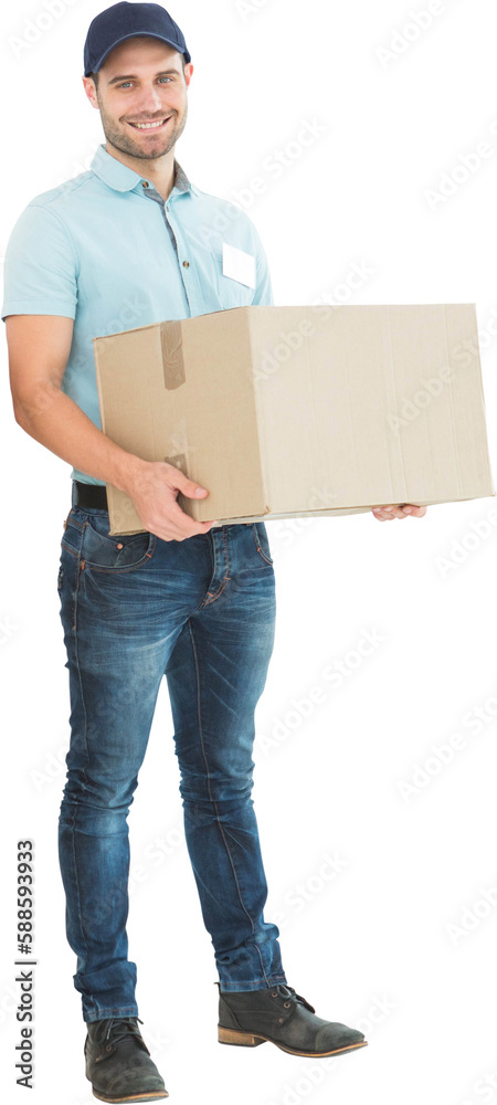 Courier man carrying cardboard box Courier man carrying cardboard box