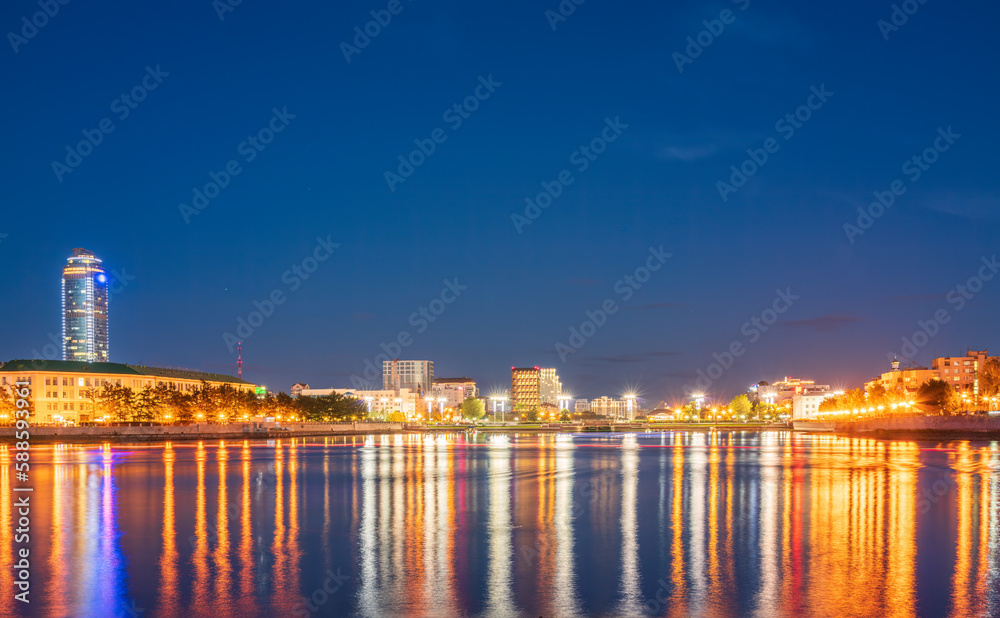 Summer Night on a pond in the center of the city. Yekaterinburg city and pond at night.