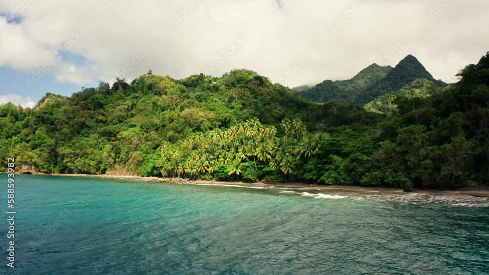 Beach in caribbeans with the jungle and mountains in the background