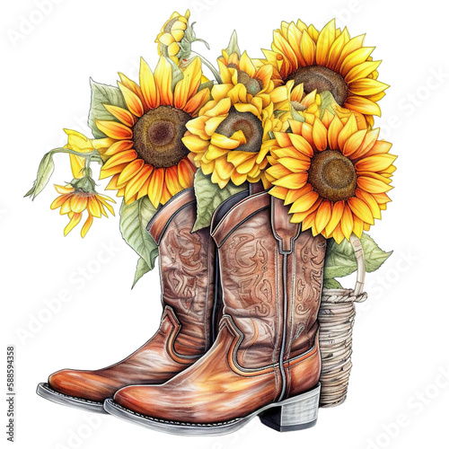 Cowboy Boots Decorated Sunflower on Transparent Background. Generative AI