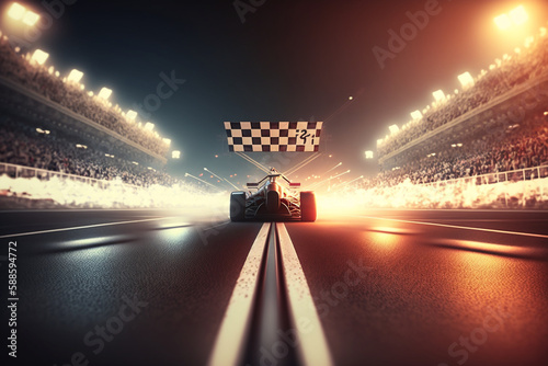 electric at the finish line of the newly opened racing track, as bright floodlights illuminate the cheering crowd and the triumphant driver, Generative AI 