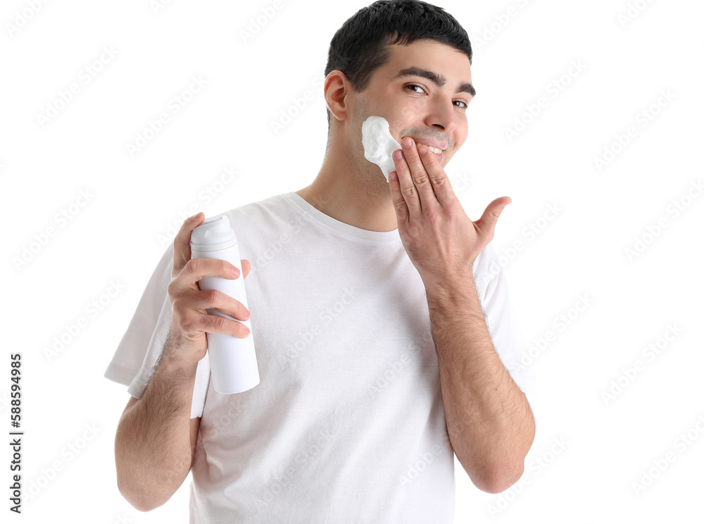 Young man applying shaving foam on face against white background Young man applying shaving foam on face against white background