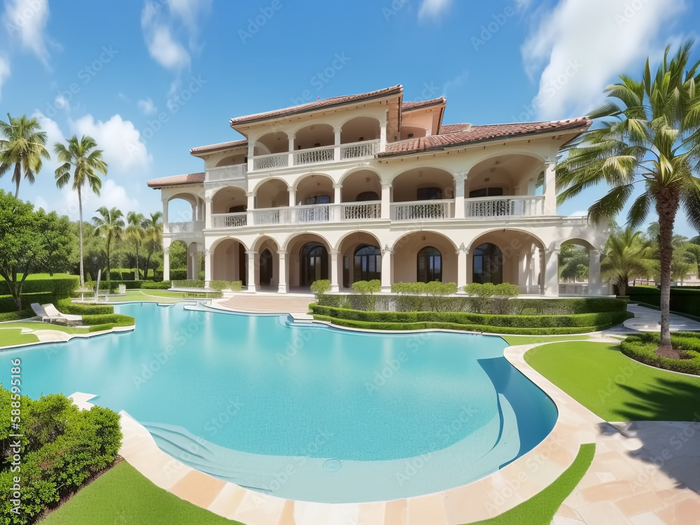 Luxurious villa with outdoor swimming pool. Generative AI