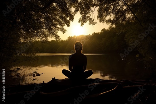 silhouette of a person meditating in nature to capture the sense of calmness and serenity associated with yoga meditation © PinkiePie