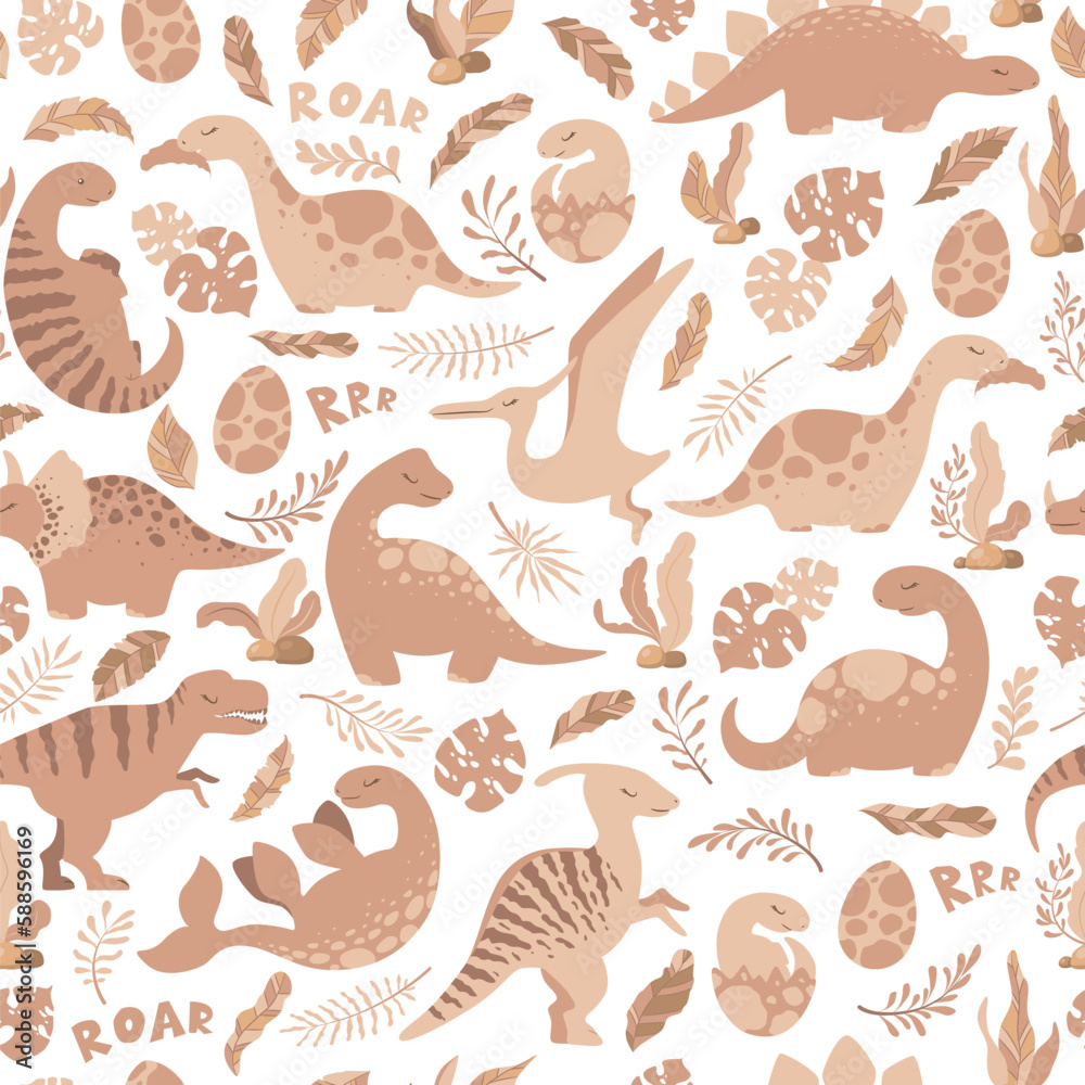 Vector seamless pattern with cute hand drawn cartoon dinosaurs, leaves and branches isolated on white background. Boho illustration for print, wallpaper, card, nursery decoration, textile