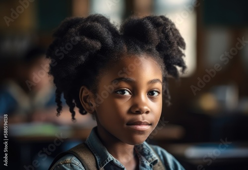 Black little girl in classroom. Generative AI