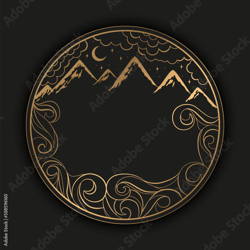 Vector illustration with gold mountains, waves, clouds and place for text isolated on black background. Elegant authentic design template for print, card, wallpaper, poster, banner