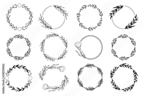 Vector round wreaths collection with hand drawn flowers, leaves and branches isolated on white background. Floral design templates for logotype, wedding invitation, card, brochure