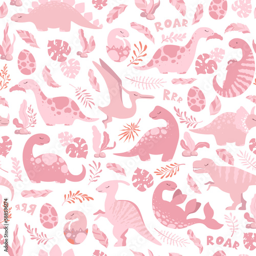Vector seamless pattern with cute pink hand drawn cartoon dinosaurs, leaves and branches isolated on white background. Illustration for print, wallpaper, card, nursery decoration, textile