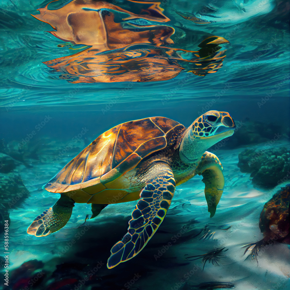 Fototapeta premium The turtle swims underwater. Generative AI.