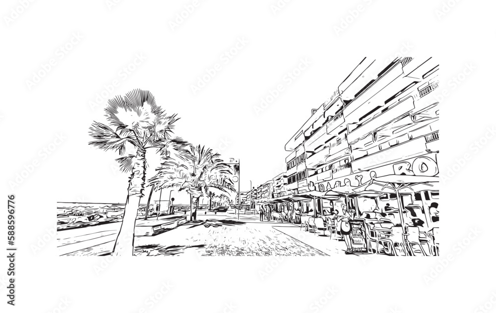 Building view with landmark of Quarteira is the municipality in Portugal. Hand drawn sketch illustration in vector.