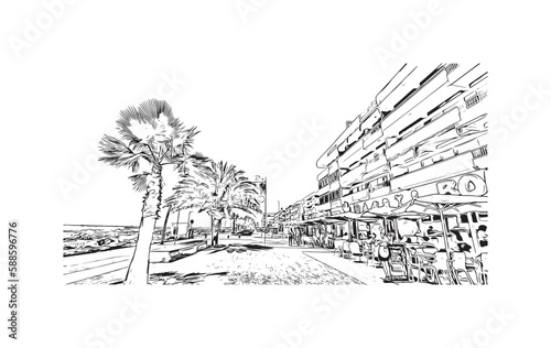 Building view with landmark of Quarteira is the municipality in Portugal. Hand drawn sketch illustration in vector. photo