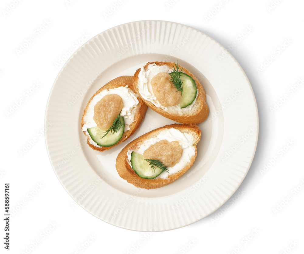 Delicious canapes with caviar of capelin isolated on white background Delicious canapes with caviar of capelin isolated on white background