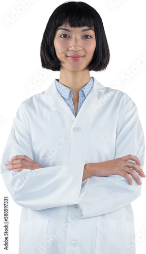 Doctor standing with arms crossed against white background