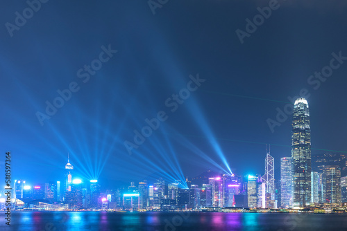 Laser show in Victoria harbor of Hong Kong city