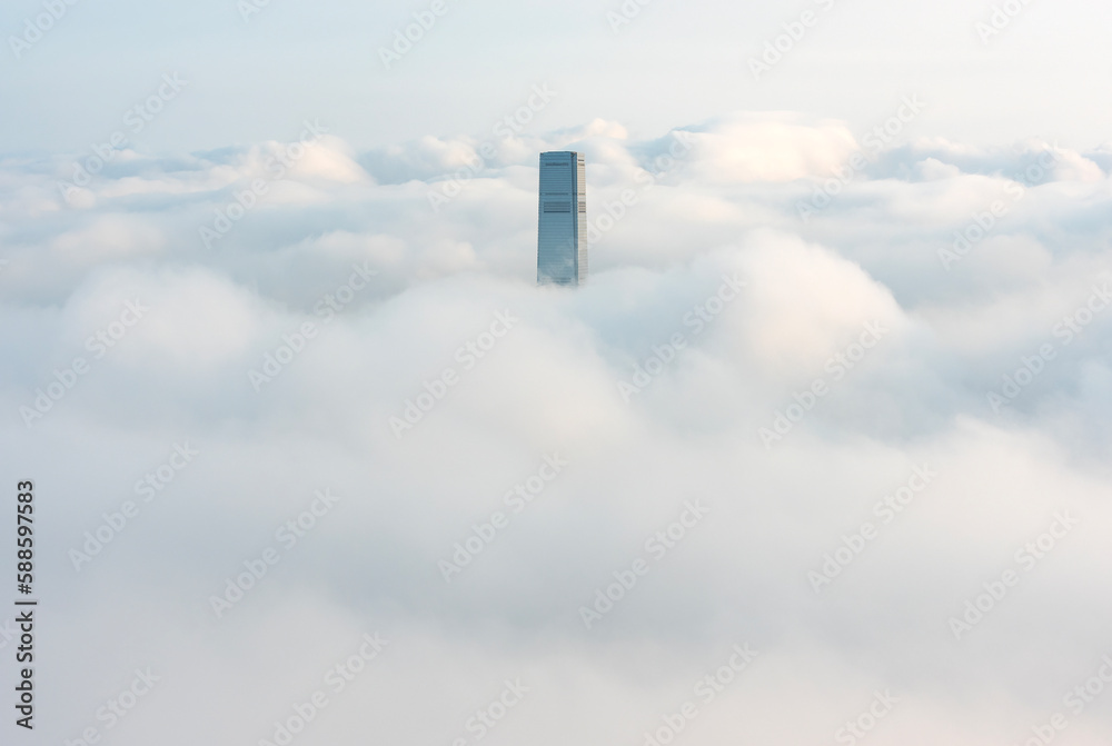 Skyscraper in Hong Kong  city shrouded in fog