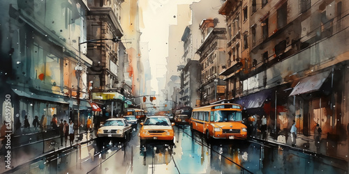 Cityscapes: A dynamic watercolor illustration of a busy city street, capturing the energy and movement of city life, with bright colors and bold brushstrokes. Generative AI. © TimeShops