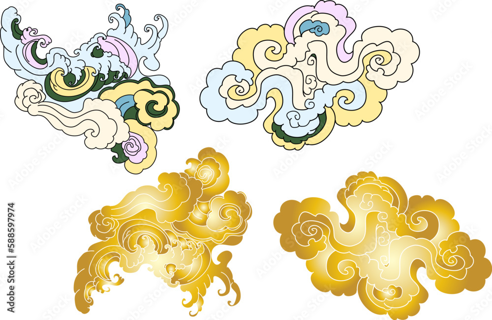 Fototapeta premium Chinese cloud vector for coloring book and printing on white background.Traditional Japanese cloud and wave for tattoo design idea.