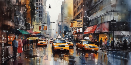 Cityscapes: A dynamic watercolor illustration of a busy city street, capturing the energy and movement of city life, with bright colors and bold brushstrokes. Generative AI.