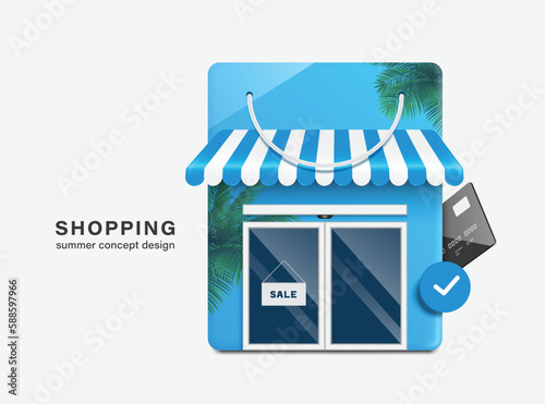 Shop shaped like shopping bag and there are patterns of coconut trees, sky and sea and there is credit card, order confirmation icon next to it