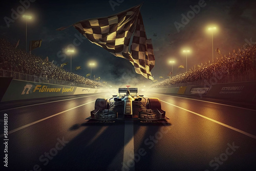 racing track is abuzz with excitement as the triumphant driver crosses the finish line, basking in the glory of the illuminated floodlights and the cheering crowd, Generative AI 