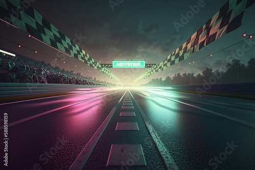 finish line of the brand-new racing track is lit up by the glow of the floodlights, while ecstatic fans cheer on the victorious driver, Generative AI 