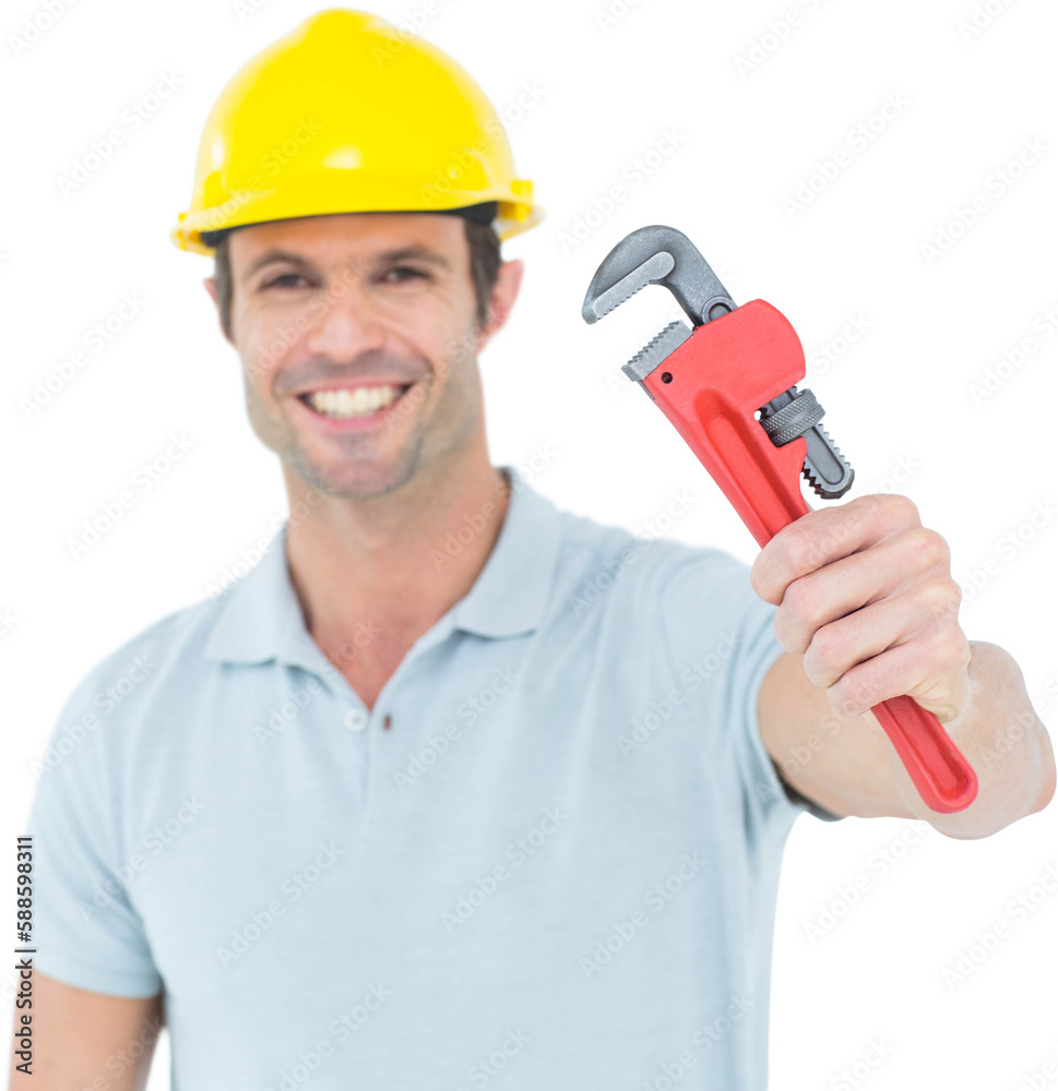 Happy carpenter holding monkey wrench Happy carpenter holding monkey wrench